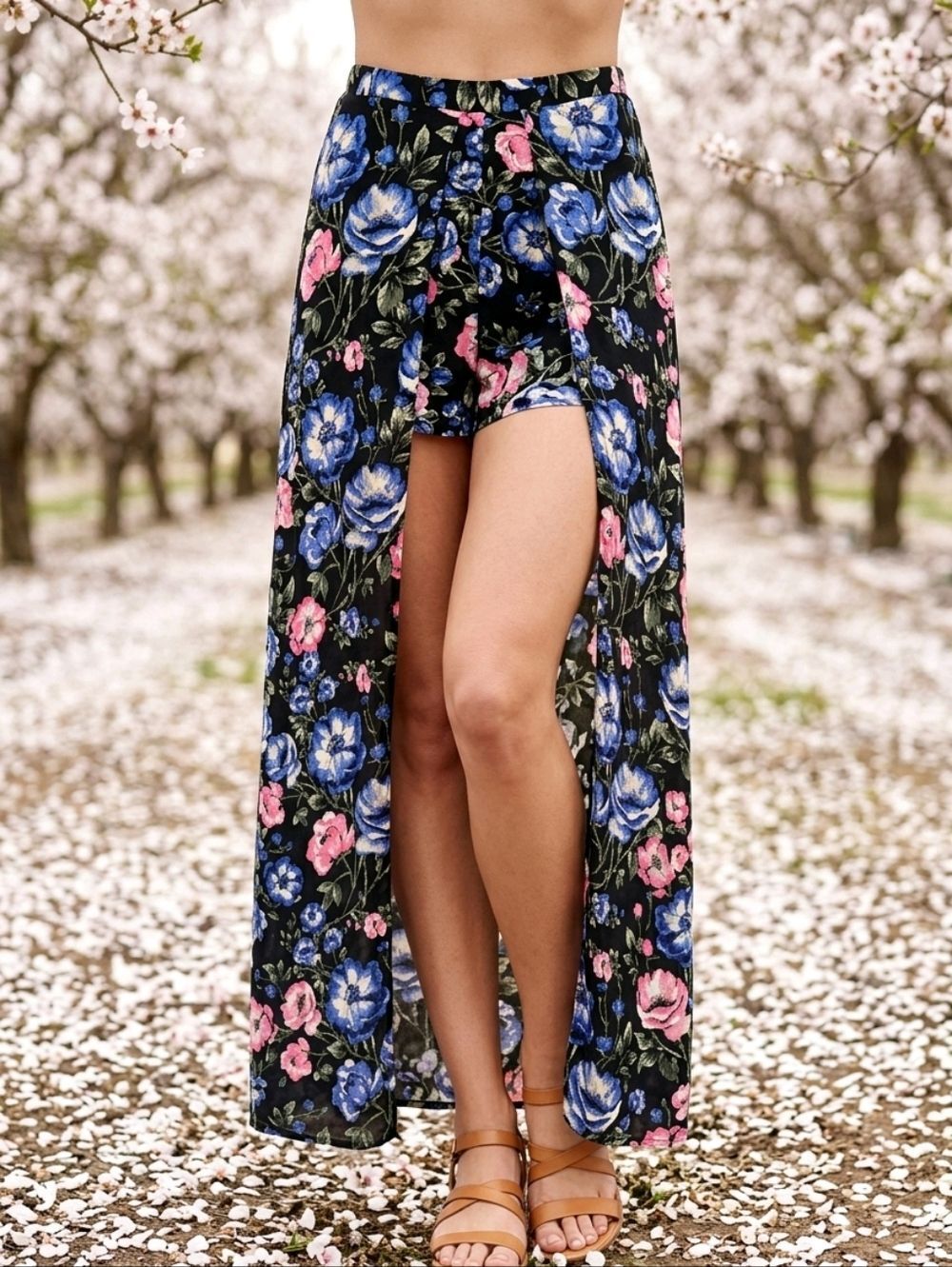Floral Maxi Skort Medium Peach Love California Black Overlay Flowy Boho Skirt